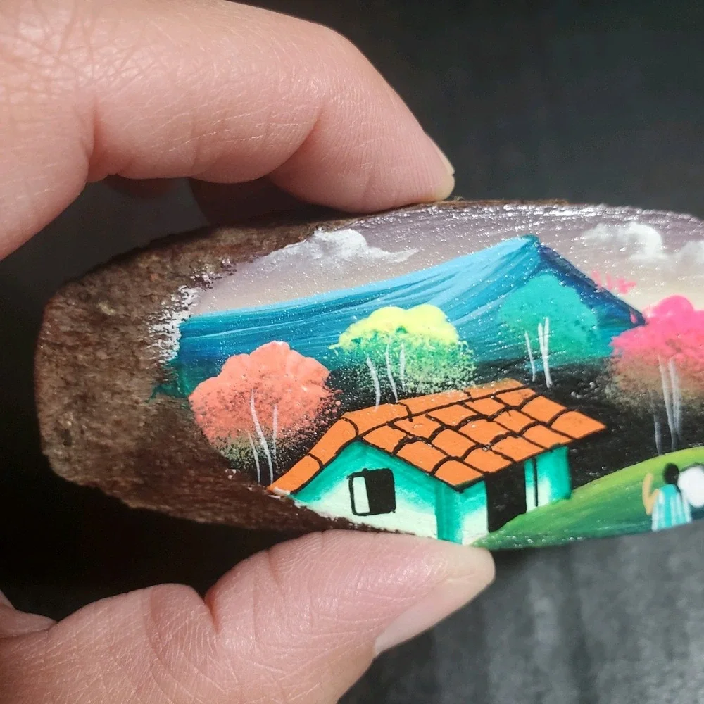 Handpainted Oval Natural Wood Refrigerator Magnet Miniature Village Painting‎